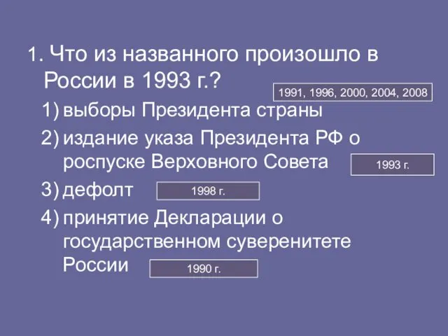 1. Что из названного произошло в России в 1993 г.? выборы Президента страны