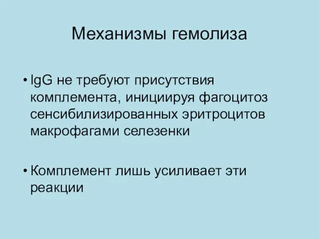 Механизмы гемолиза IgG не требуют присутствия комплемента, инициируя фагоцитоз сенсибилизированных