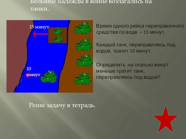 Время одного рейса переправочного средства по воде – 15 минут.