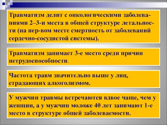 Травматизм делит с онкологическими заболева-ниями 2–3-и места в общей структуре