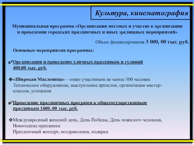 Муниципальная программа «Организация местных и участие в организации и проведении