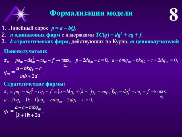 Ценополучатели: Линейный спрос p = a – bQ. n одинаковых