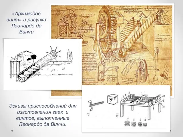 «Архимедов винт» и рисунки Леонардо да Винчи Эскизы приспособлений для