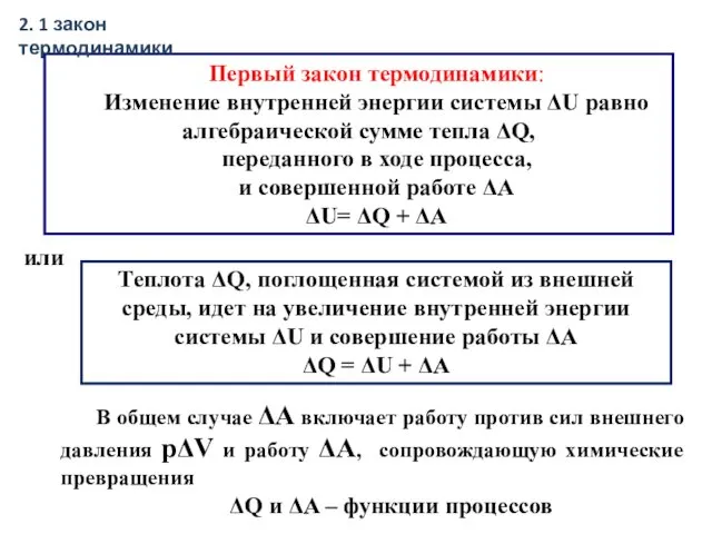 Первый закон термодинамики: Изменение внутренней энергии системы ΔU равно алгебраической