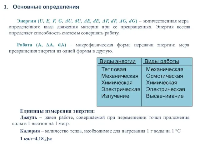 Основные определения Энергия (U, E, F, G, ΔU, dU, ΔE,