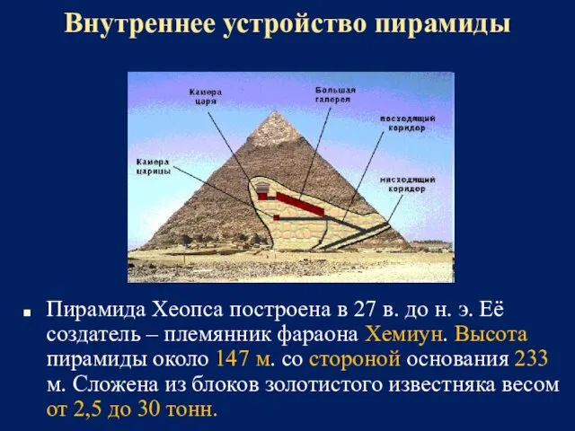 Внутреннее устройство пирамиды Пирамида Хеопса построена в 27 в. до н. э. Её