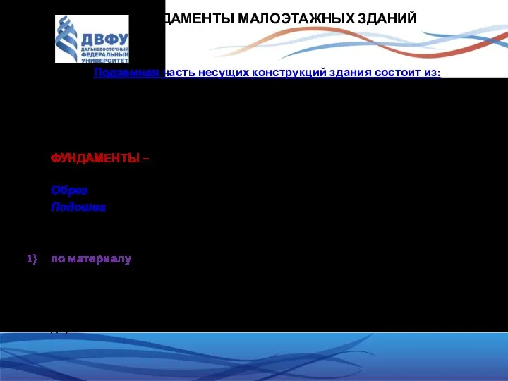 ФУНДАМЕНТЫ МАЛОЭТАЖНЫХ ЗДАНИЙ Подземная часть несущих конструкций здания состоит из: