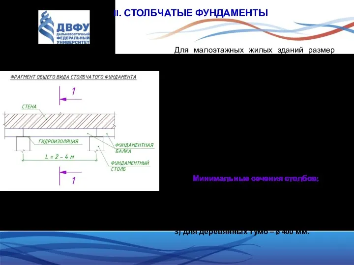 II. СТОЛБЧАТЫЕ ФУНДАМЕНТЫ Для малоэтажных жилых зданий размер подушки столбов