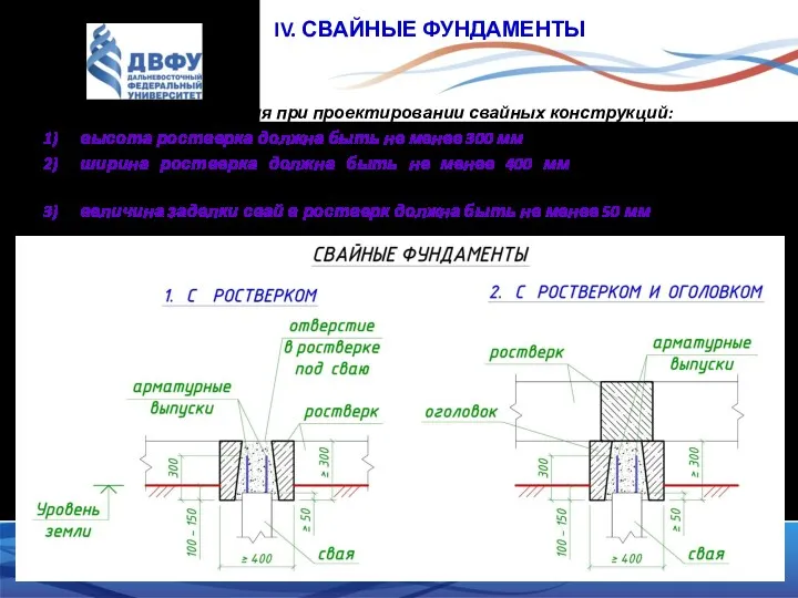 IV. СВАЙНЫЕ ФУНДАМЕНТЫ Требования при проектировании свайных конструкций: высота ростверка