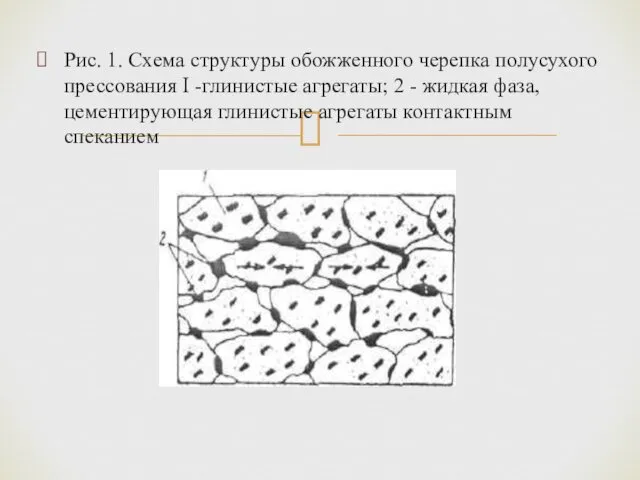 Рис. 1. Схема структуры обожженного черепка полусухого прессования I -глинистые