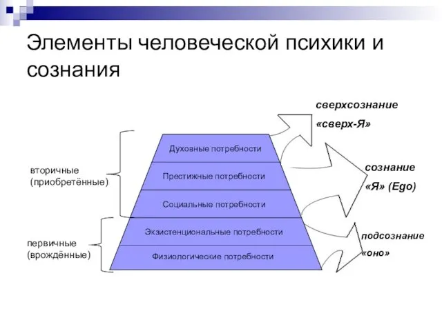 Элементы человеческой психики и сознания первичные (врождённые) вторичные (приобретённые) подсознание «оно» сознание «Я» (Ego) сверхсознание «сверх-Я»