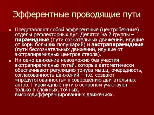 Эфферентные проводящие пути Представляют собой эфферентные (центробежные) отделы рефлекторных дуг.