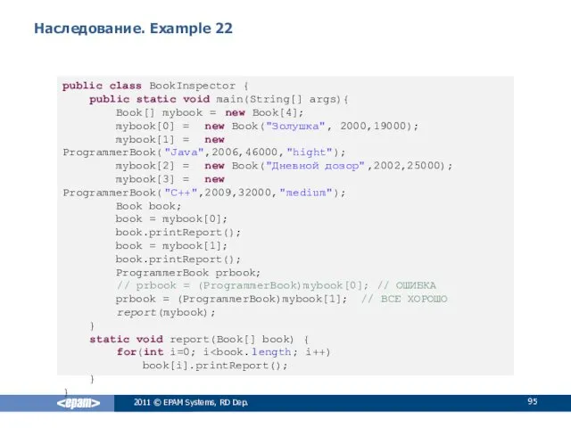 Наследование. Example 22 public class BookInspector { public static void