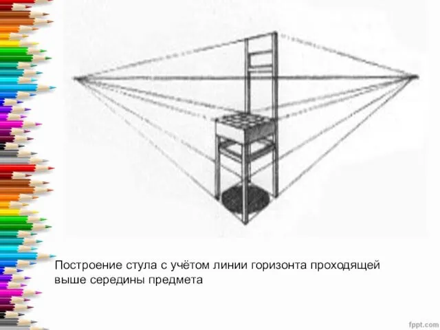 Построение стула с учётом линии горизонта проходящей выше середины предмета