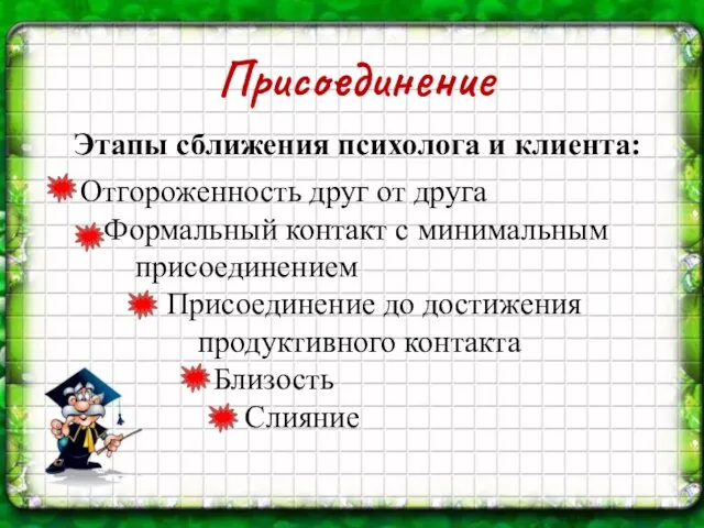 Присоединение Этапы сближения психолога и клиента: Отгороженность друг от друга