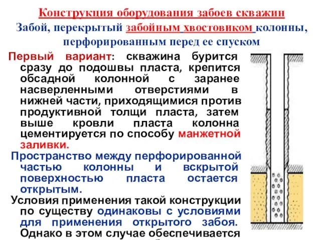 Конструкция оборудования забоев скважин Забой, перекрытый забойным хвостовиком колонны, перфорированным