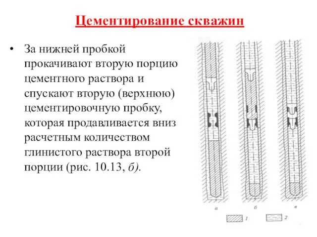 Цементирование скважин За нижней пробкой прокачивают вторую порцию цементного раствора