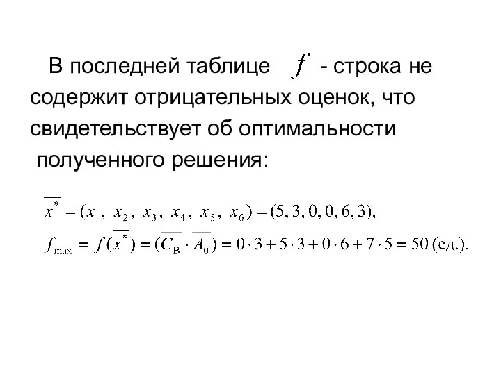 В последней таблице - строка не содержит отрицательных оценок, что свидетельствует об оптимальности полученного решения: