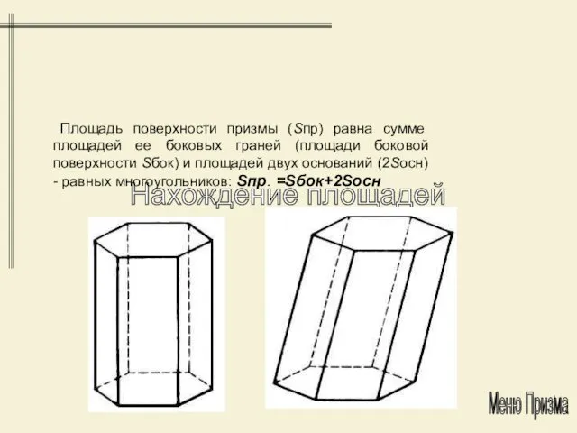 Нахождение площадей Площадь поверхности призмы (Sпр) равна сумме площадей ее