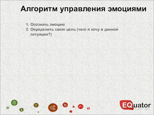 Алгоритм управления эмоциями 1. Осознать эмоцию 2. Определить свою цель (чего я хочу в данной ситуации?)