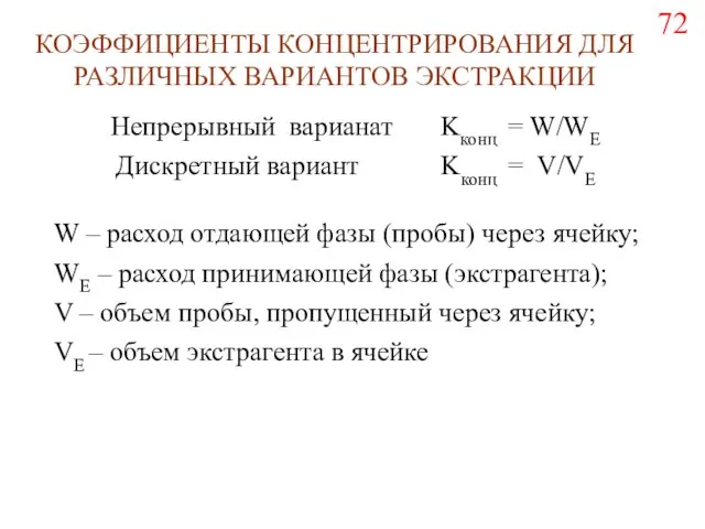 КОЭФФИЦИЕНТЫ КОНЦЕНТРИРОВАНИЯ ДЛЯ РАЗЛИЧНЫХ ВАРИАНТОВ ЭКСТРАКЦИИ Непрерывный варианат Kконц =