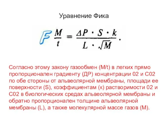 Уравнение Фика Согласно этому закону газообмен (M/t) в легких прямо