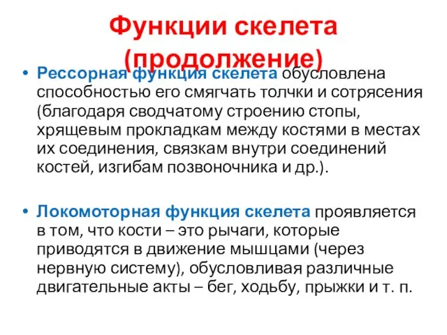 Функции скелета (продолжение) Рессорная функция скелета обусловлена способностью его смягчать