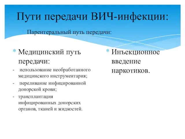 Пути передачи ВИЧ-инфекции: Парентеральный путь передачи: Медицинский путь передачи: -