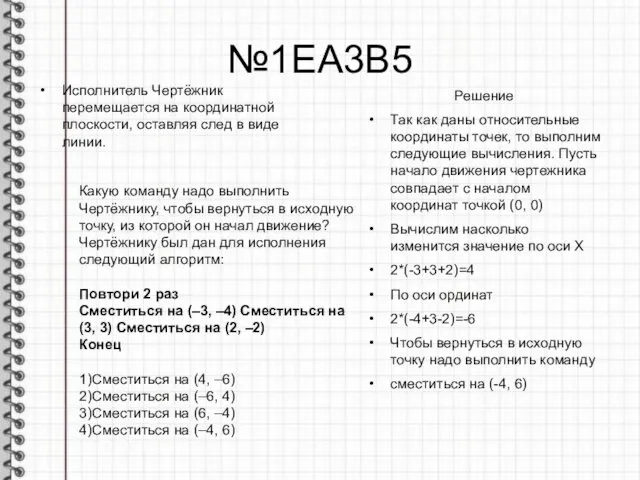 №1EA3B5 Исполнитель Чертёжник перемещается на координатной плоскости, оставляя след в