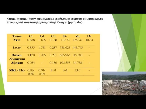 Қалдықтарды көму орындарда жайылып жүрген сиырлардың еттеріндегі металлдардың пайда болуы (ppm, dw)