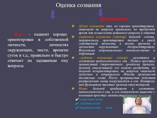 Оценка сознания Ясное - пациент хорошо ориентирован в собственной личности,