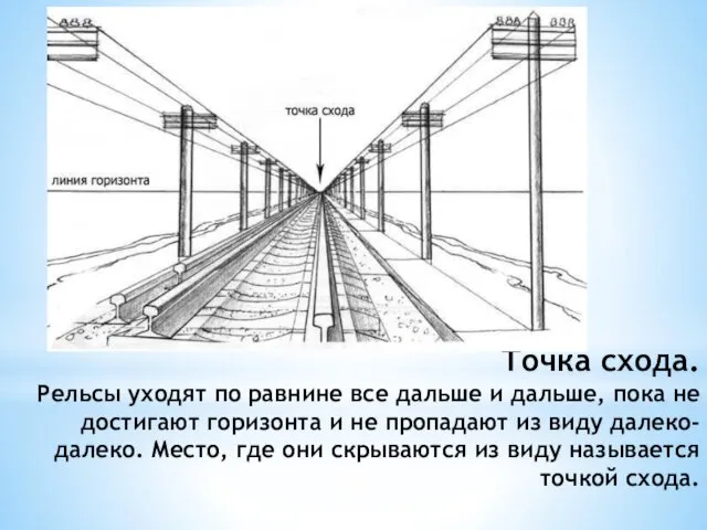 Точка схода. Рельсы уходят по равнине все дальше и дальше, пока не достигают