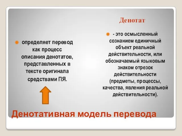 Денотативная модель перевода Денотат определяет перевод как процесс описания денотатов,