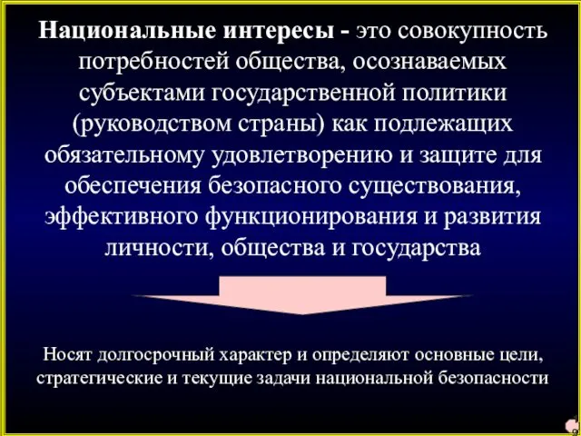 19 Национальные интересы - это совокупность потребностей общества, осознаваемых субъектами государственной политики (руководством