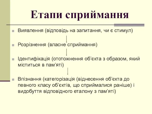 Етапи сприймання Виявлення (відповідь на запитання, чи є стимул) Розрізнення