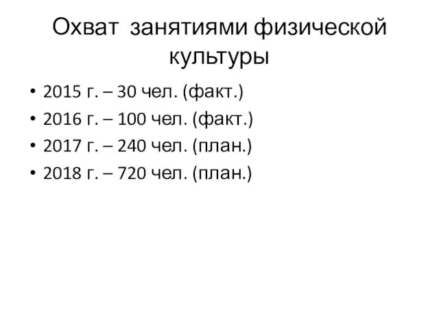 Охват занятиями физической культуры 2015 г. – 30 чел. (факт.)