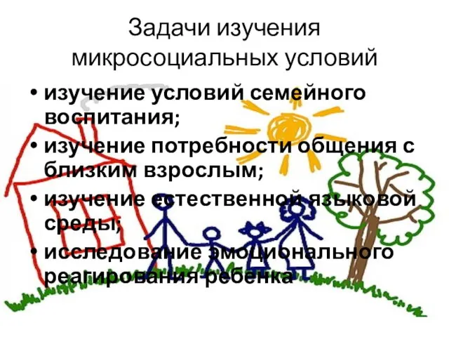 Задачи изучения микросоциальных условий изучение условий семейного воспитания; изучение потребности