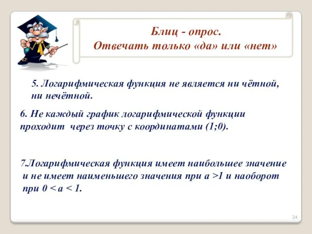 6. Не каждый график логарифмической функции проходит через точку с