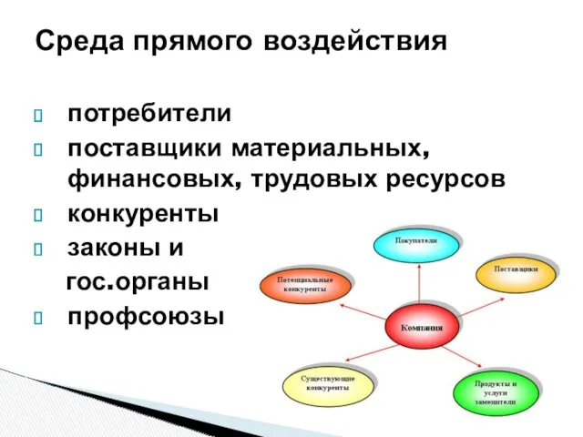 Среда прямого воздействия потребители поставщики материальных, финансовых, трудовых ресурсов конкуренты законы и гос.органы профсоюзы