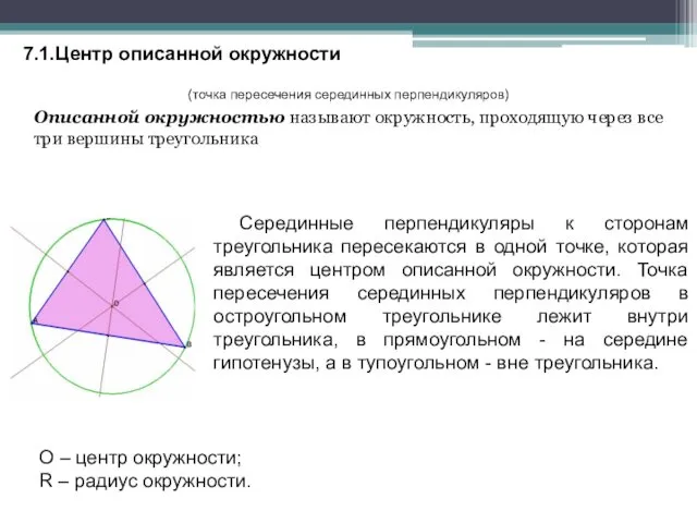 7.1.Центр описанной окружности (точка пересечения серединных перпендикуляров) Описанной окружностью называют