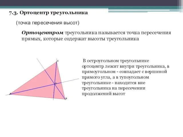 7.3. Ортоцентр треугольника (точка пересечения высот) Ортоцентром треугольника называется точка