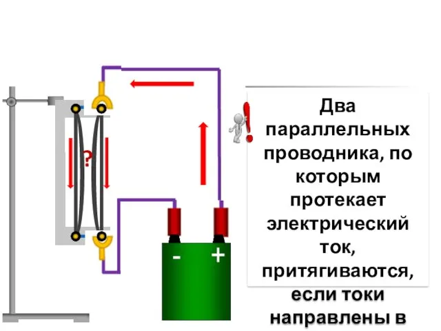 ? Два параллельных проводника, по которым протекает электрический ток, притягиваются, если токи направлены в одну сторону.