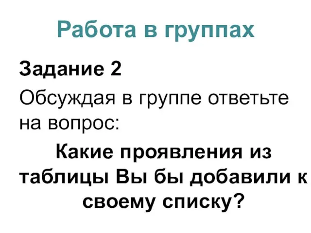 Работа в группах Задание 2 Обсуждая в группе ответьте на