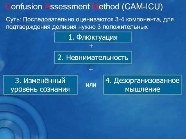 Confusion Assessment Method (CAM-ICU) Суть: Последовательно оцениваются 3-4 компонента, для