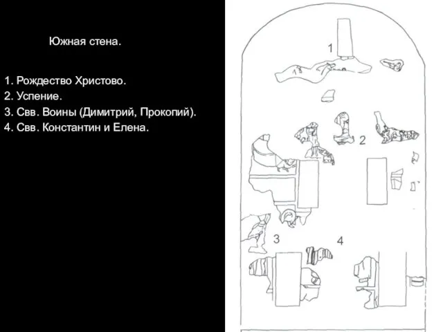 Южная стена. 1. Рождество Христово. 2. Успение. 3. Свв. Воины