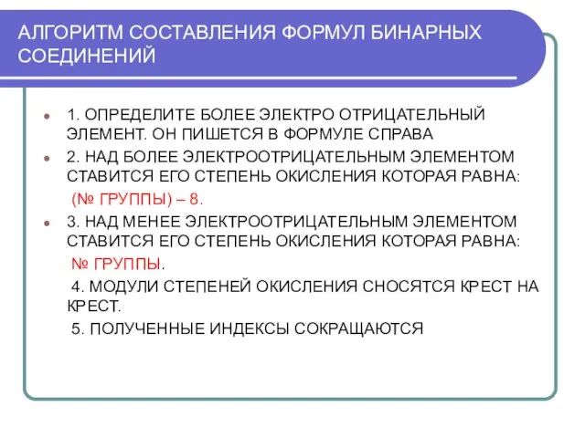 АЛГОРИТМ СОСТАВЛЕНИЯ ФОРМУЛ БИНАРНЫХ СОЕДИНЕНИЙ 1. ОПРЕДЕЛИТЕ БОЛЕЕ ЭЛЕКТРО ОТРИЦАТЕЛЬНЫЙ