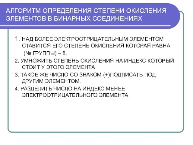 АЛГОРИТМ ОПРЕДЕЛЕНИЯ СТЕПЕНИ ОКИСЛЕНИЯ ЭЛЕМЕНТОВ В БИНАРНЫХ СОЕДИНЕНИЯХ 1. НАД