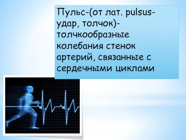 Пульс-(от лат. pulsus-удар, толчок)-толчкообразные колебания стенок артерий, связанные с сердечными циклами