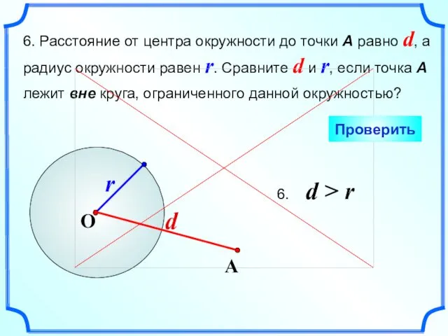 6. Расстояние от центра окружности до точки А равно d,