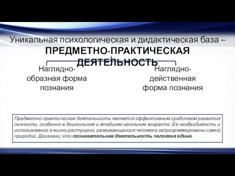 Уникальная психологическая и дидактическая база – ПРЕДМЕТНО-ПРАКТИЧЕСКАЯ ДЕЯТЕЛЬНОСТЬ Наглядно-образная форма